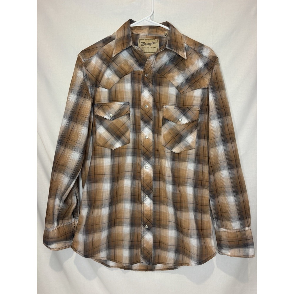 Wrangler Western Shirt Men's S Brown, Orange Plaid Pearl Snap Long Sleeve Cowboy
